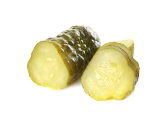 Slices of pickled cucumber isolated on white