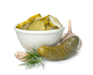 Composition with pickled cucumbers on white background