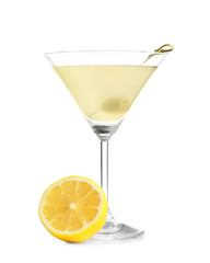 Glass of lemon drop martini with fruit on white background