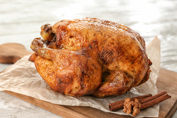 Roasted turkey on wooden board