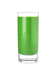 Glass of green smoothie with chia seeds, isolated on white