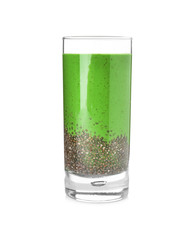 Glass of green smoothie with chia seeds, isolated on white