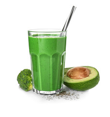 Glass of green smoothie with chia seeds, avocado and broccoli, isolated on white
