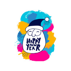 Merry Christmas and Happy New Year, lettering, color spots abstraction. Santa. Invitation, greeting card.