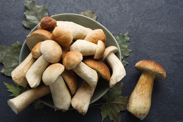 Forest cepes in a plate on a dark surface of a table, close up, top view. Autumn fresh boletus mushrooms.