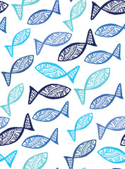 Rustic decorative lace fish seamless pattern. Underwater.. Hand drawn vintage vector design set. Vector illustration