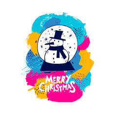 Merry Christmas and Happy New Year, lettering, color spots abstraction. snowman in a ball. Invitation, greeting card.