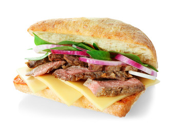 Steak sandwich on white background