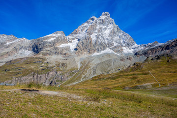 View of Cervino Mount (Matterhorn) from the cableway station of Plan Maison, above the mountain...