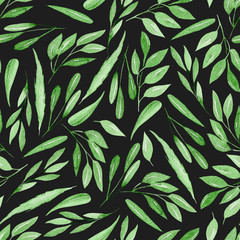Seamless floral pattern with watercolor green branches with leaves, hand drawn isolated on a dark background
