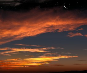 Fototapeta premium Red sunset and moon . Dramatic nature background . Religion background . The moon against the background 