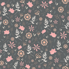 Seamless pattern with multiple floral illustration and dark gray background.