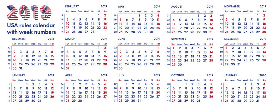 2019 american calendar weeks vector illustration