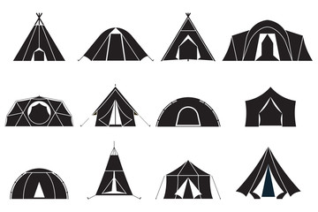 Camping and hiking tent types in outline design. Tourist tents icons collection. Logo or label template. - obrazy, fototapety, plakaty