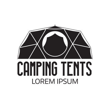 Camping place logo or label template. Outline geodesic tent icon. Hiking and camping tents logotype.