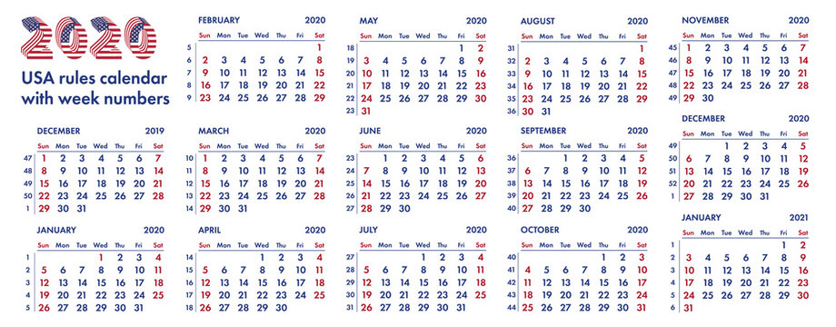 2020 american calendar weeks vector illustration
