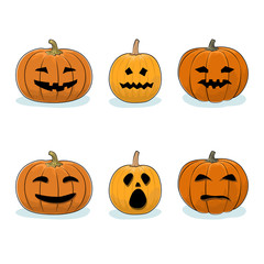 Set of Carved Scary Pumpkins, Jack-o-Lantern on White Background, Halloween Holiday , Vector Illustration