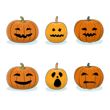 Set of Carved Scary Pumpkins, Jack-o-Lantern on White Background, Halloween Holiday , Vector Illustration