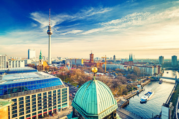 Fototapeta premium Aerial view on Alexanderplatz and Spree river, Berlin, Germany