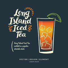 Modern hand drawn lettering label for alcohol cocktail Long Island Iced Tea. Calligraphy brush and ink.