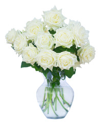 Bunch of white blooming fresh rose flowers in vase isolated on white background