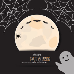 Vector illustration of Halloween greeting poster with moon, spider, net, flock of bats, ghost on the dark background.