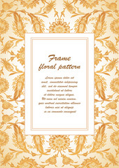 Arabesque vintage decor ornate pattern for design template vector. Eastern motif. Oriental Floral Frame with place for text. Gold white flowers for save the date, greeting card, wedding invitation
