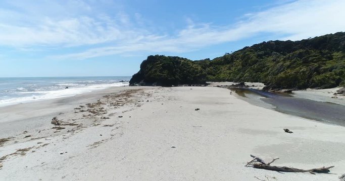 Ship Creek beach and Kahikatea swamp forest walk, Haast Highway, West Coast Region of South Island, New Zealand. Aerial drone video nature landscape.
