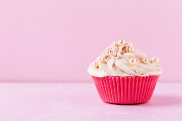 Cupcake on pink background with space for text