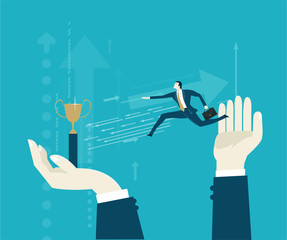 Businessmen jumping from the controlling him hand towards towards the trophy and personal success. Leading, support, career and making the right decision concept illustration
