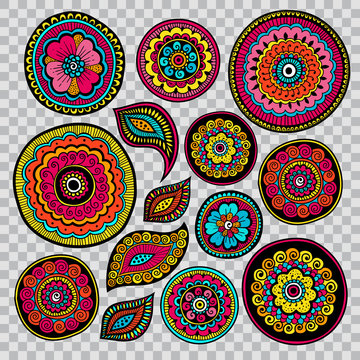 Set of Zentangle elements. Indian patterns. Lace leaves and flowers.