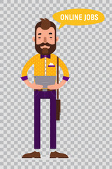 Man looking for job through online service. Flat characters on transparent background.
