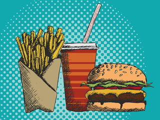 vector illustration of a hand drawn menu of junk food in fast food with fries burger and drink
