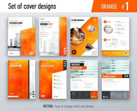 Set of business cover design template in orange color for brochure, report, catalog, magazine or booklet. Creative vector background concept