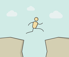 Cartoon stick figure jumping between cliffs. Vector illustration for different concepts like taking a chance, risk, success, obstacles etc. Design in eps10 format