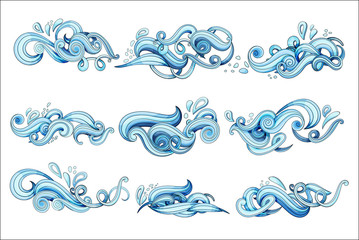 Abstract illustration of blue water. Shapes of templates decorative curly waves.