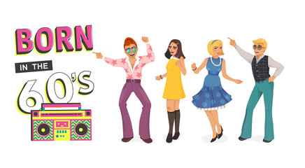 Dancing people in retro disco. Man and woman in 60s, 70s style. Cartoon vector illustration.