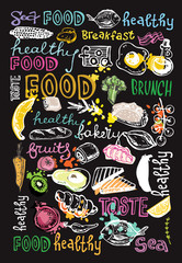 Hand drawn doodle food illustration. Big set Healthy food