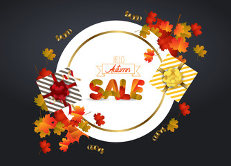 White blank with autumn maple leaves on background for design banner, ticket, leaflet, card, poster