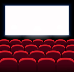 Red vector seats. Movie, cinema design with white screen. Film premiere. Сinema room, hall.
