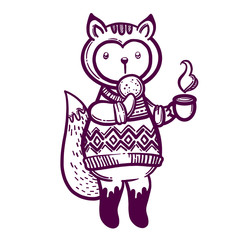 Cute animal. A little fox with a cup of tea and a biscuit. To print T-shirts, bags or cover.