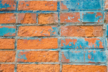 Old,aged,variegated, brick wall, moss growing in mortared seams. Great Background, texture or backdrop