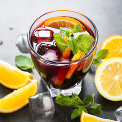 Sangria with fruit mint and ice.