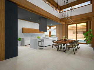 private wooden house interior 3d rendering