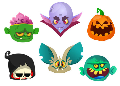 Halloween characters icon set. Cartoon heads of grim reaper, bat, pumpkin Jack o lntern, zombie, vampire. Vector isolated