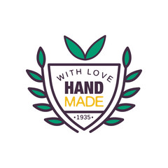 Obraz premium Handmade with love logo template, quality since 1935, retro needlework craft badge, handicraft element