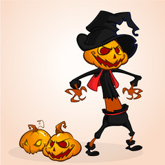 Vector cartoon image of Jack O' Lantern with orange pumpkin head, in a dark coat and witch hat standing white background. Halloween. Vector illustration.