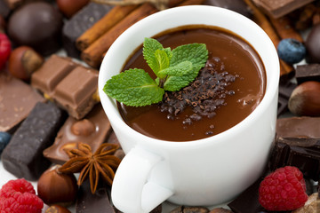 chocolat chaud à la menthe et ingrédients, vue de dessus