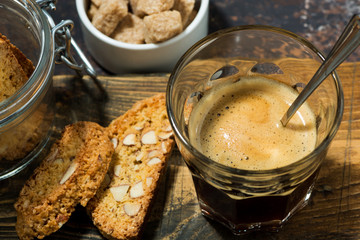 Italian dessert, espresso and cantucci cookies, top view