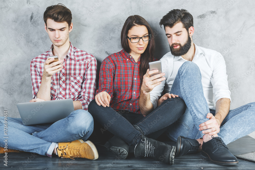 Poster caucasian group using devices
